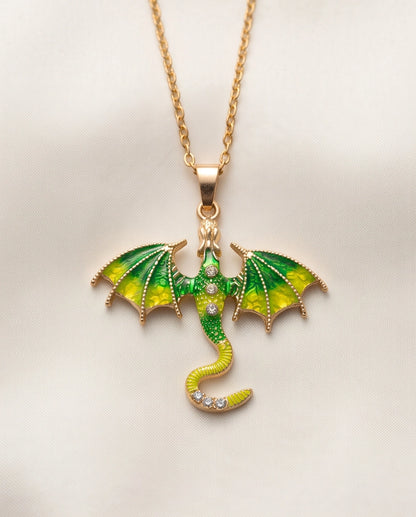 Gold Green Enamel Dragon Wyvern Pendant Necklace