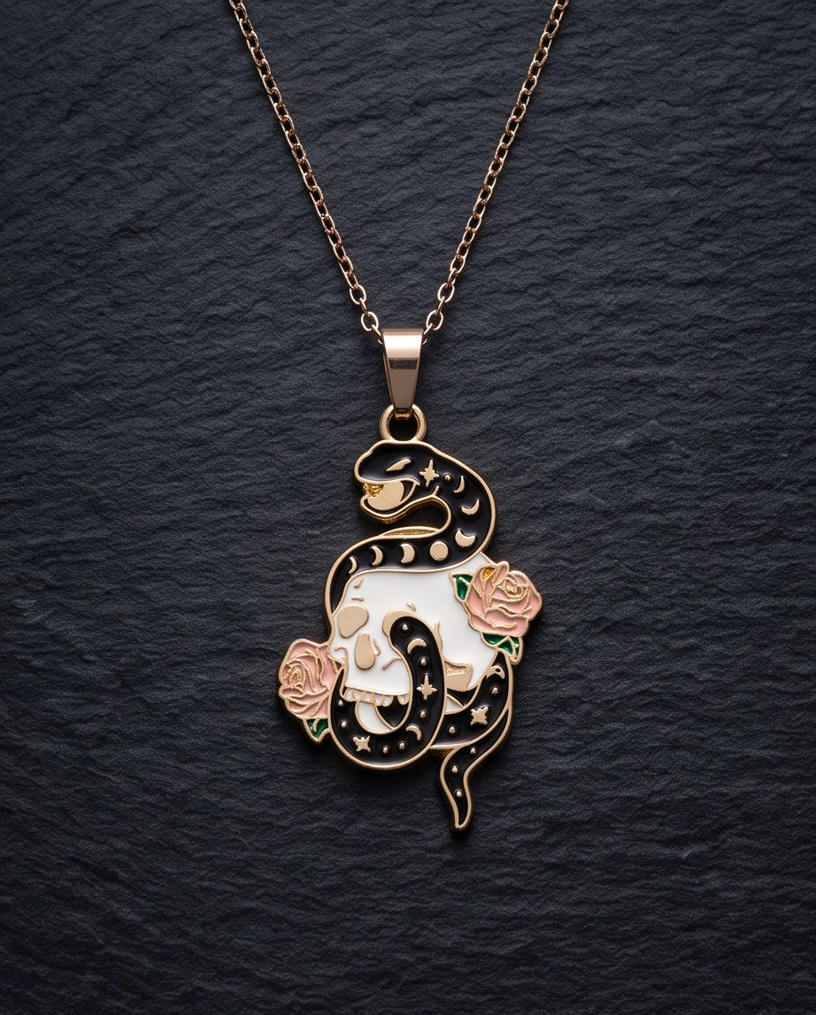 Gold Snake, Skull & Rose Enamel Pendant Necklace