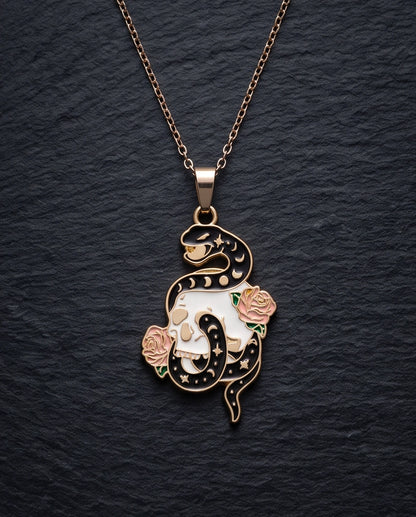 Gold Snake, Skull & Rose Enamel Pendant Necklace