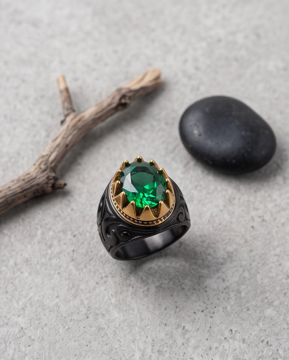 Imperial Emerald Crowned Filigree Signet Ring