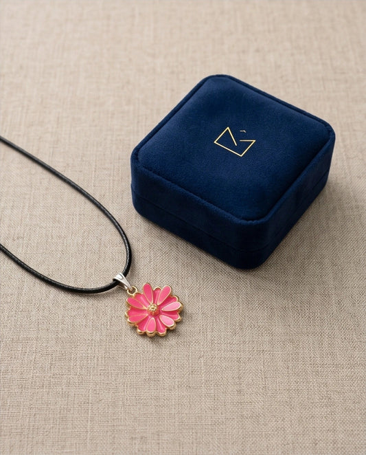 Pink Enamel Sunflower Pendant Necklace