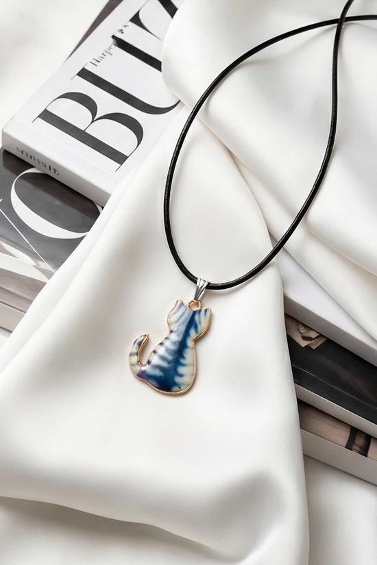 Artistic Blue Watercolor Feline Silhouette Pendant Necklace