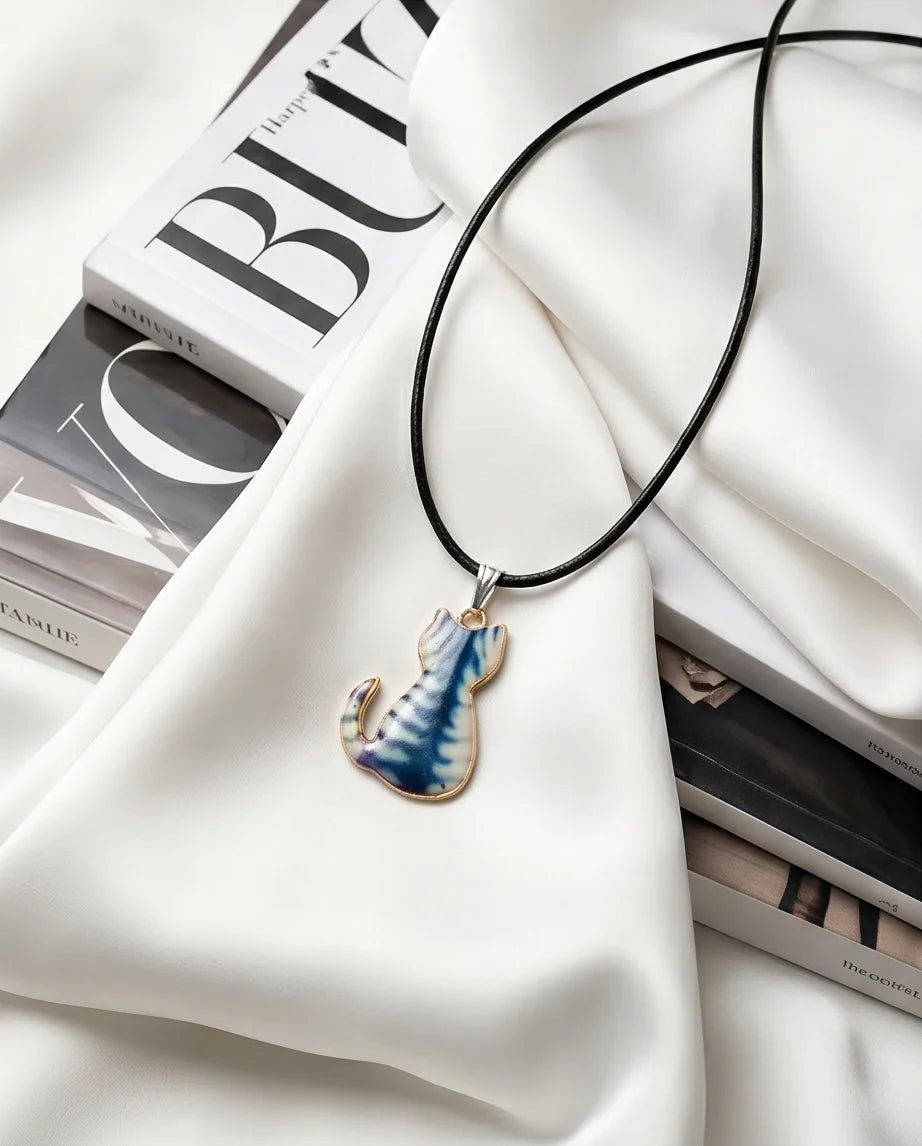 Artistic Blue Watercolor Feline Silhouette Pendant Necklace