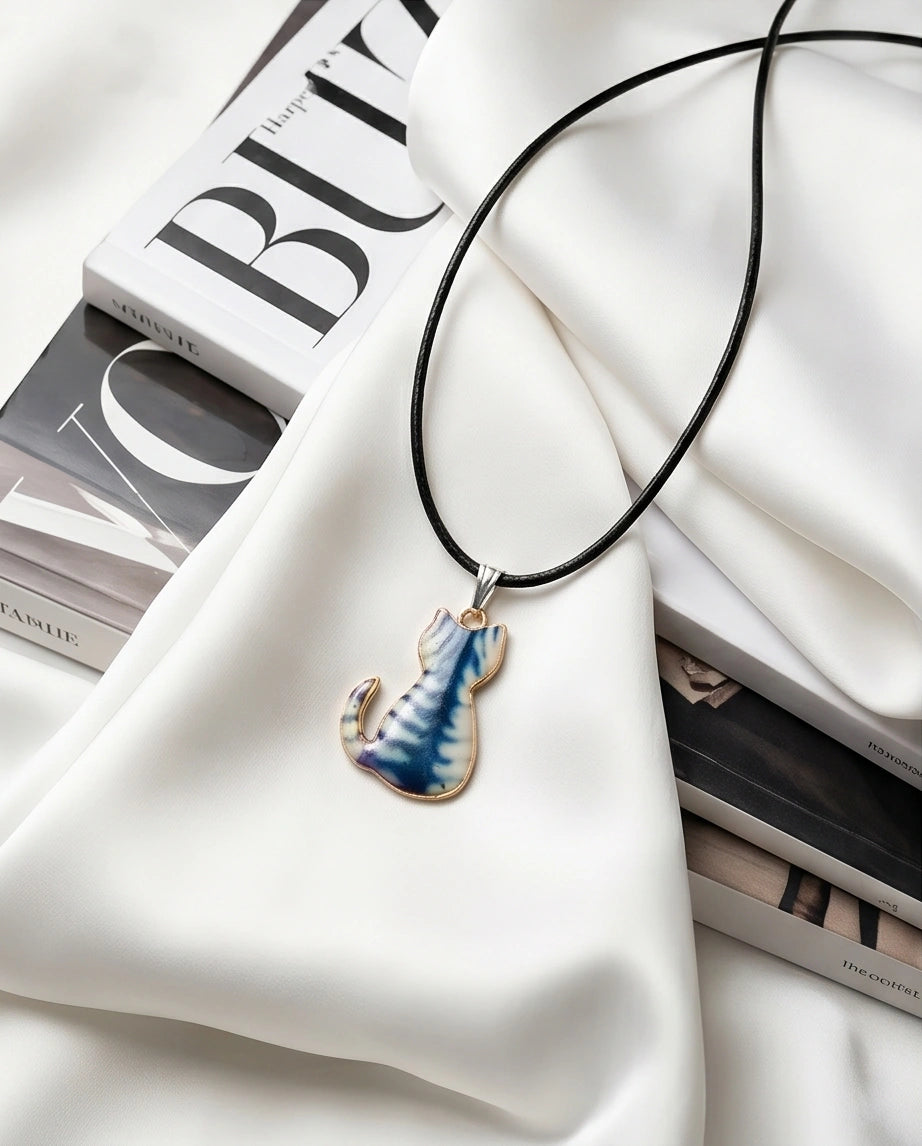 Artistic Blue Watercolor Feline Silhouette Pendant Necklace
