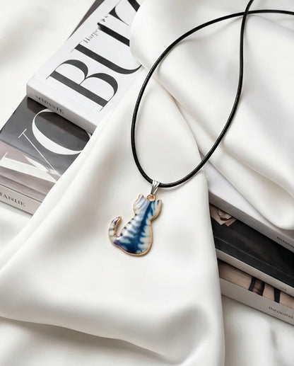 Artistic Blue Watercolor Feline Silhouette Pendant Necklace