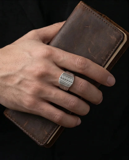 Sterling Silver Chevron Pattern Geometric Signet Ring