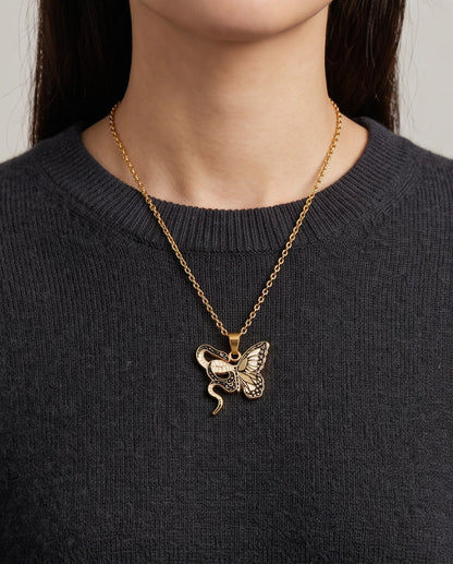 Gold Snake & Butterfly Celestial Enamel Pendant Necklace