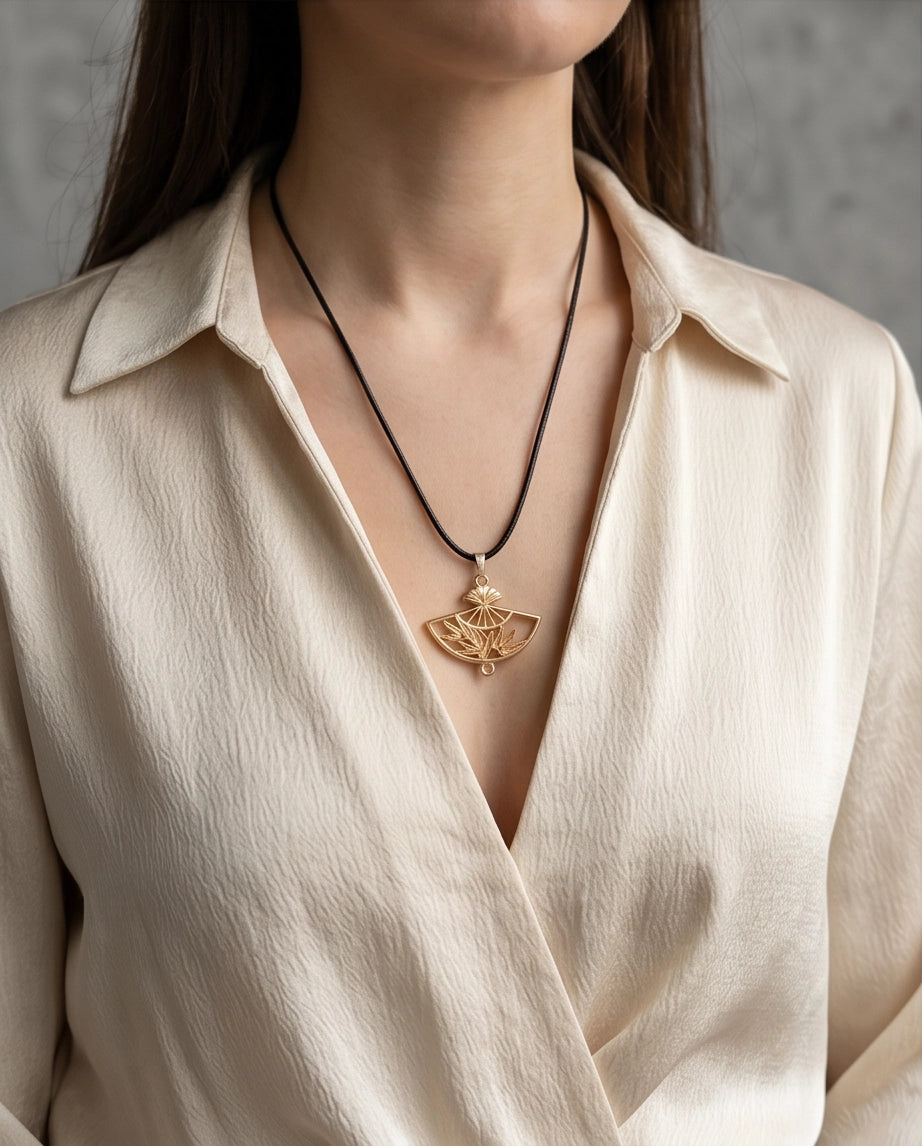 All-Gold Bamboo Fan Pendant Necklace