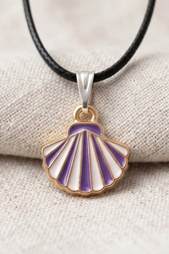 Striped Purple and White Seashell Enamel Pendant Necklace