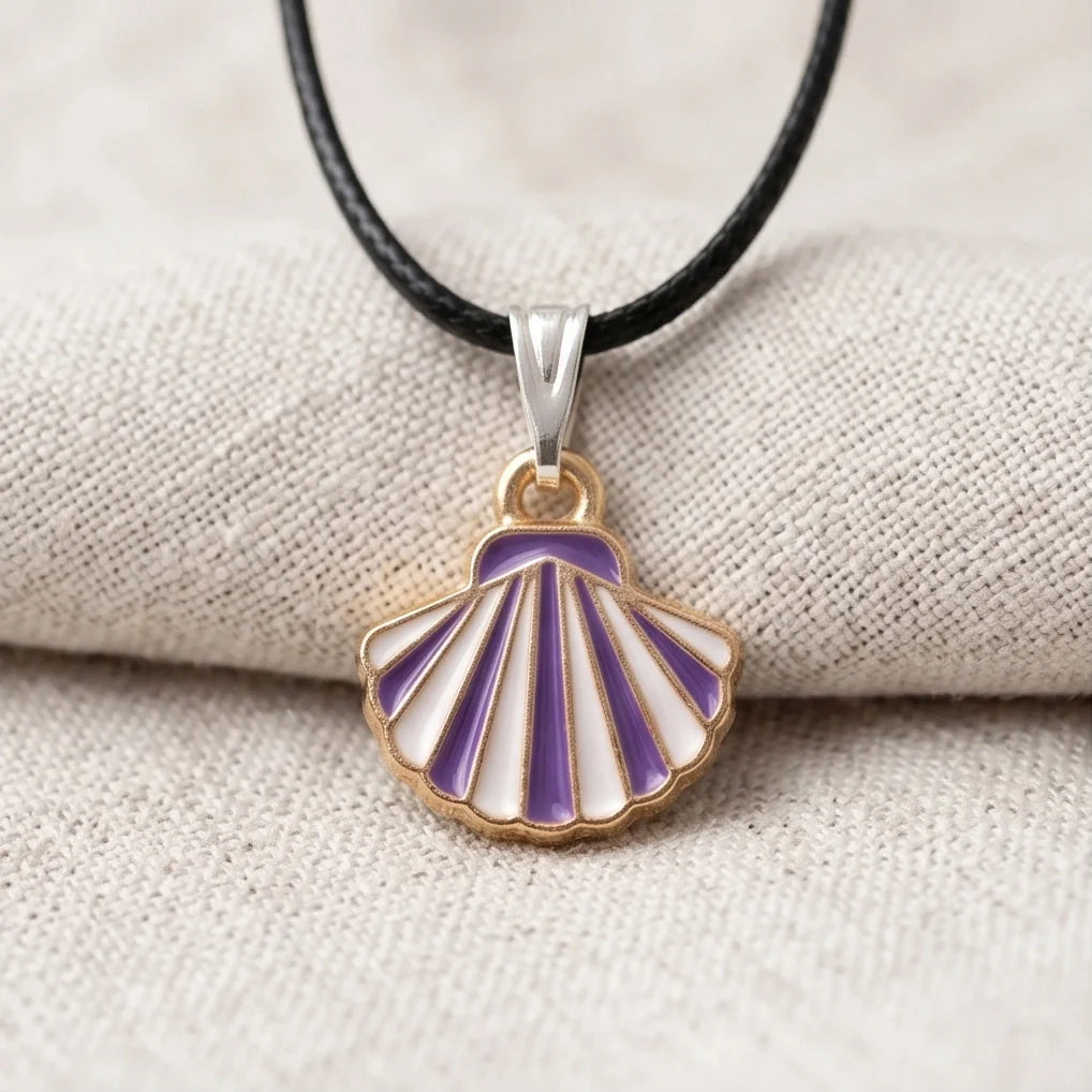 Striped Purple and White Seashell Enamel Pendant Necklace