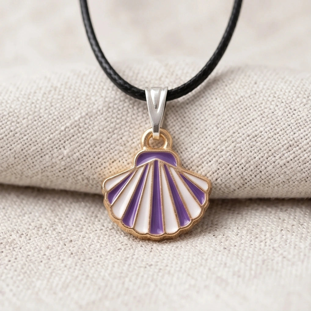 Striped Purple and White Seashell Enamel Pendant Necklace