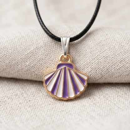 Striped Purple and White Seashell Enamel Pendant Necklace