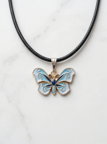 Blue Enamel Butterfly Pendant Necklace
