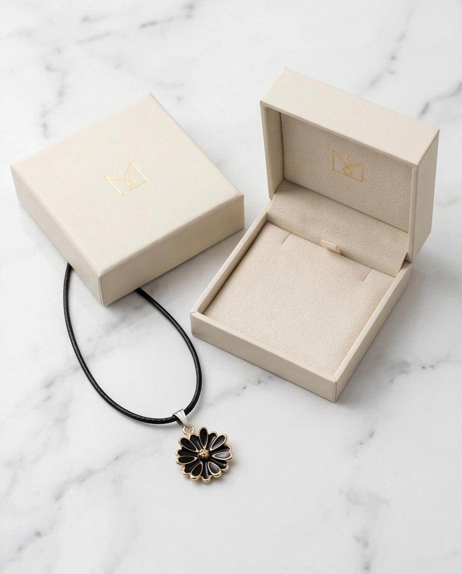 Gold and Black Sunflower Pendant Necklace
