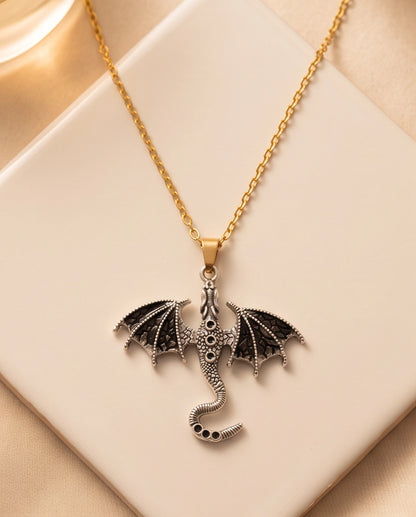 Silver Oxidized Dragon Wyvern Pendant Necklace