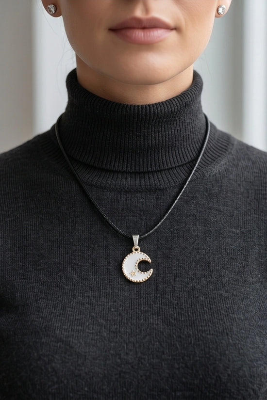 Gold and White Celestial Crescent Moon Necklace