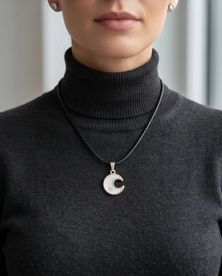 Gold and White Celestial Crescent Moon Necklace