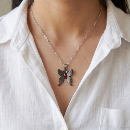 Black Textured Butterfly Red Gem Pendant Necklace