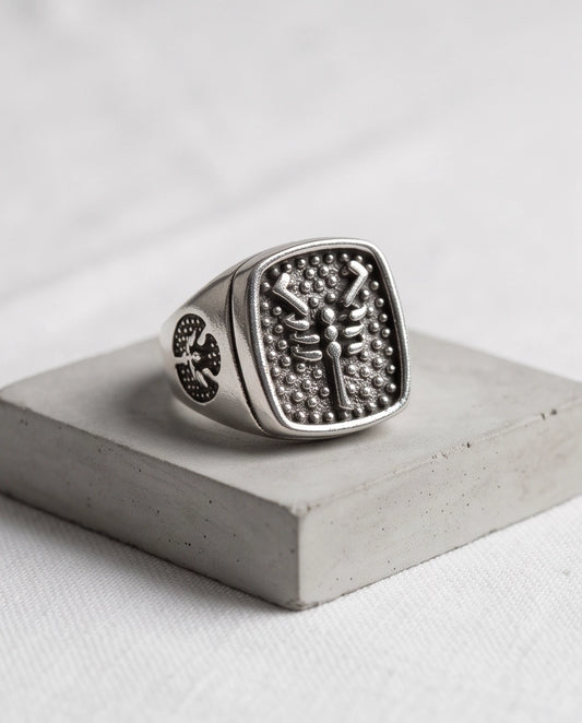 Arachnid Stippled Square Signet Silver Ring