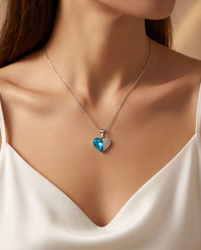 Silver Aquamarine Heart Pavé Pendant Necklace