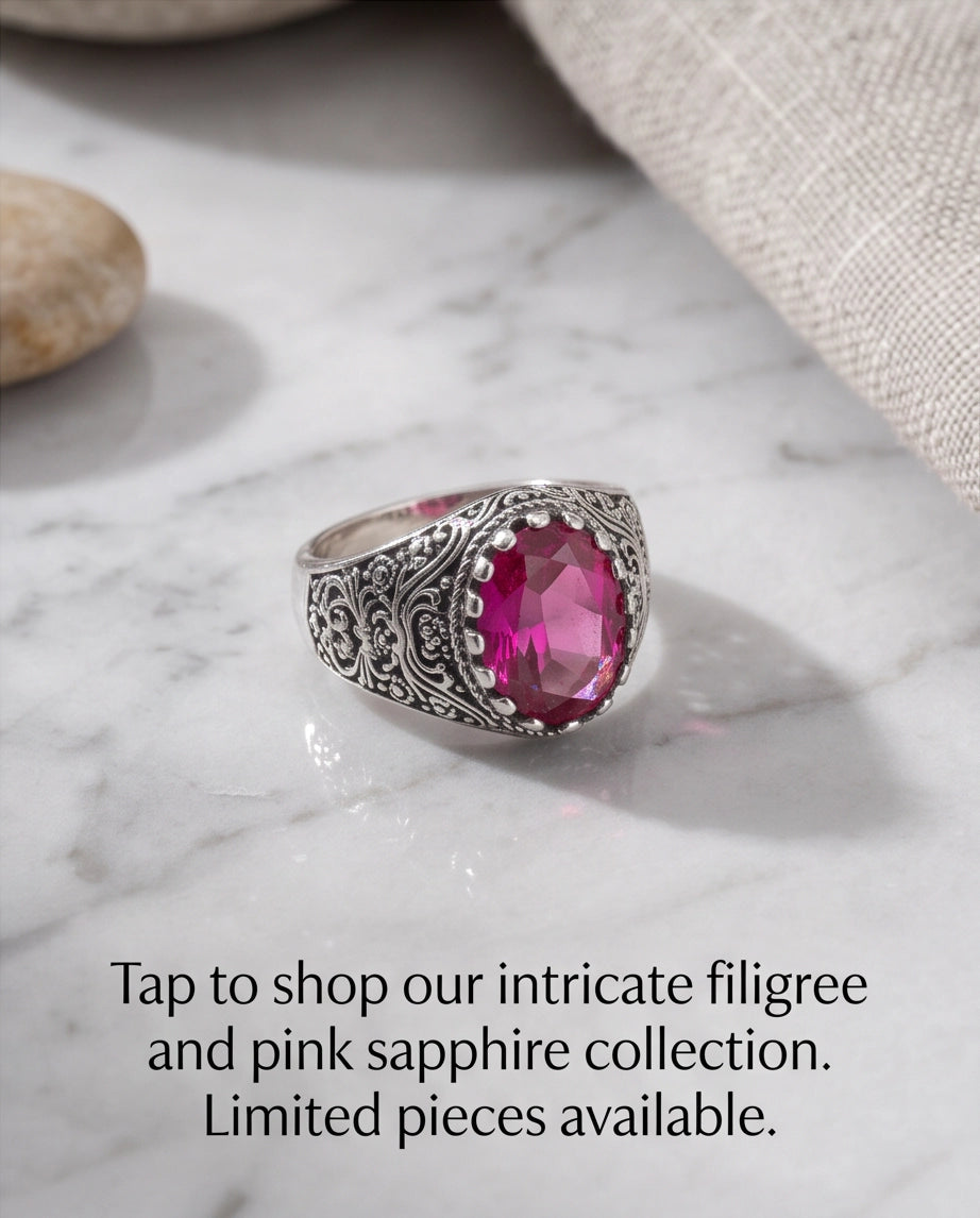 Magenta Oval-Cut Gemstone Ornate Filigree Silver Ring