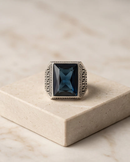 Deep Sapphire Emerald-Cut Gemstone Greek Key Silver Ring