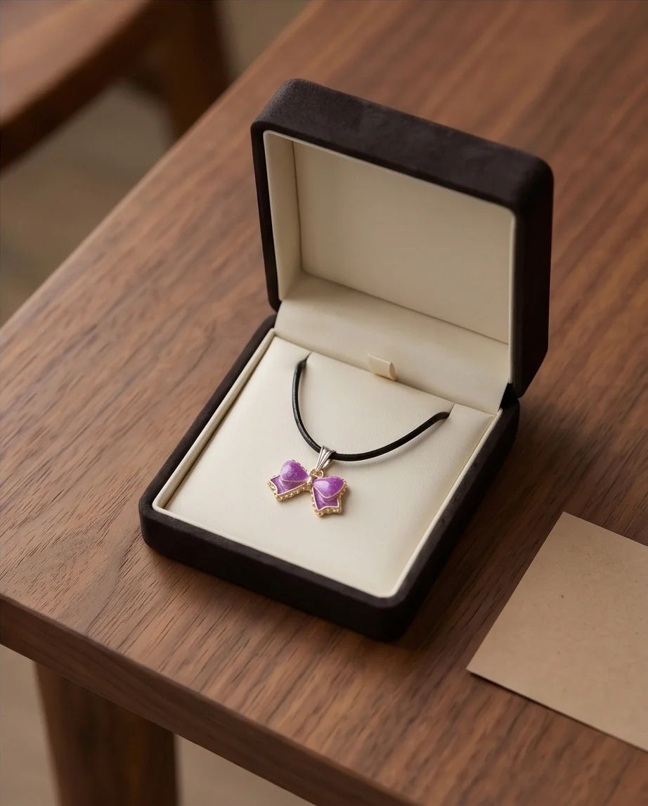 Glossy Purple Bow Enamel Pendant Necklace