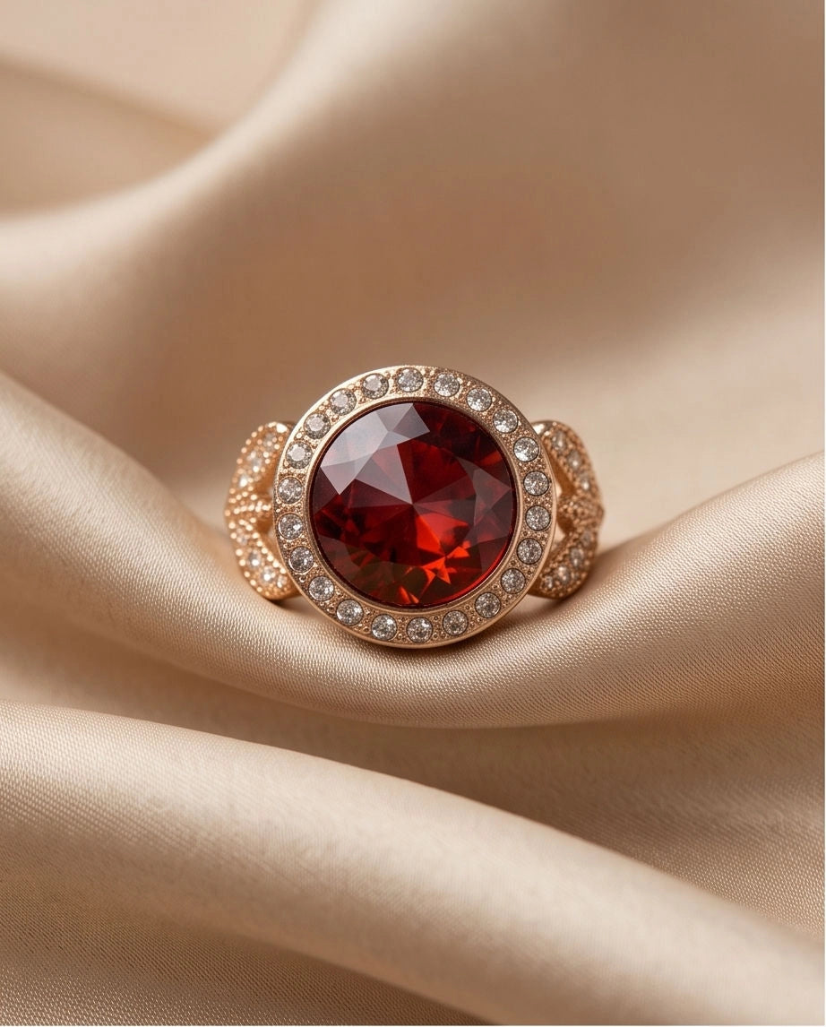 Gold Crimson Garnet Halo Vintage Ring