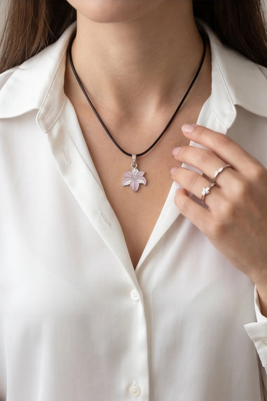 Elegant Pastel Pink and White Lily Enamel Pendant Necklace