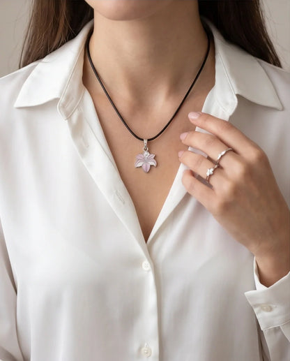 Elegant Pastel Pink and White Lily Enamel Pendant Necklace