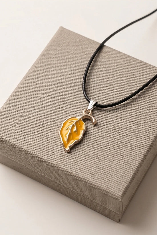 Golden Autumn Leaf Enamel Pendant Necklace