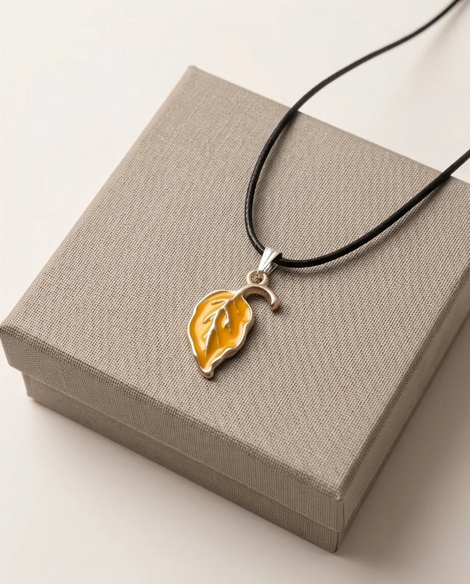 Golden Autumn Leaf Enamel Pendant Necklace
