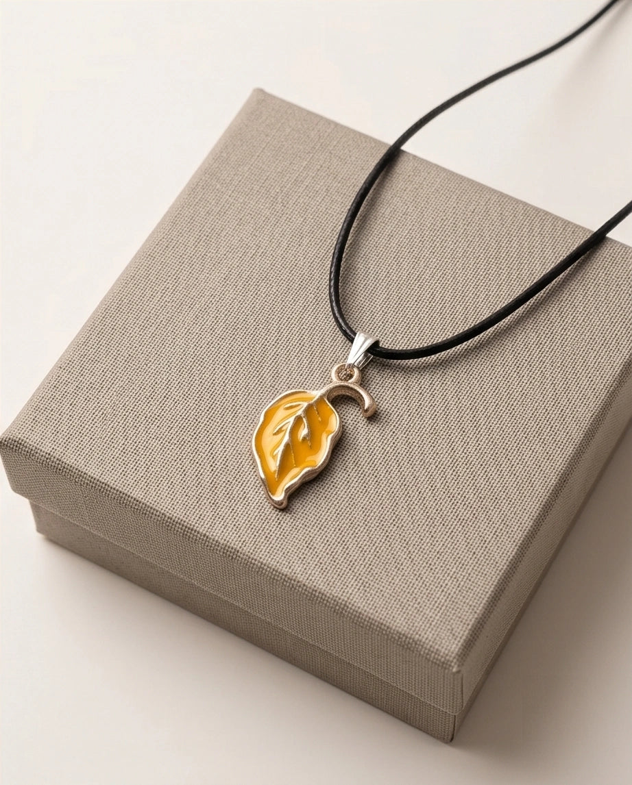 Golden Autumn Leaf Enamel Pendant Necklace