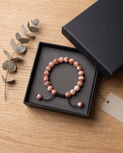 Red Agate Marbled Stone Beaded Adjustable Macrame Bracelet