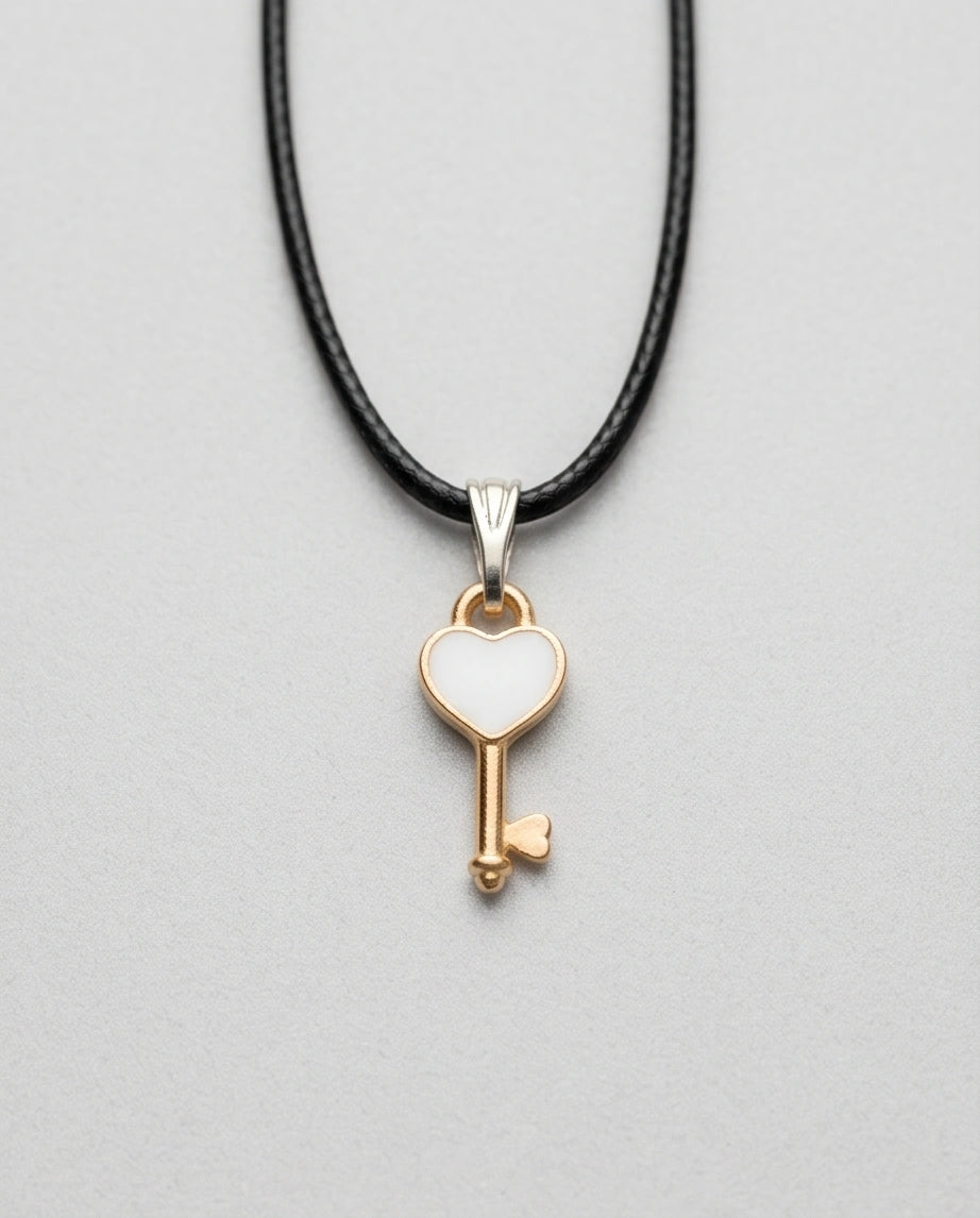 Gold and White Heart Key Pendant Necklace