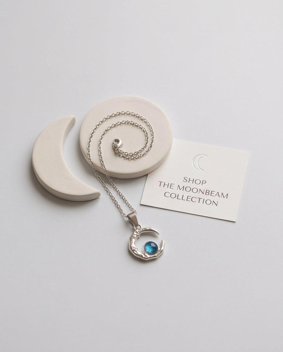 Silver Hammered Crescent Moon Blue Opal Orb Pendant Necklace