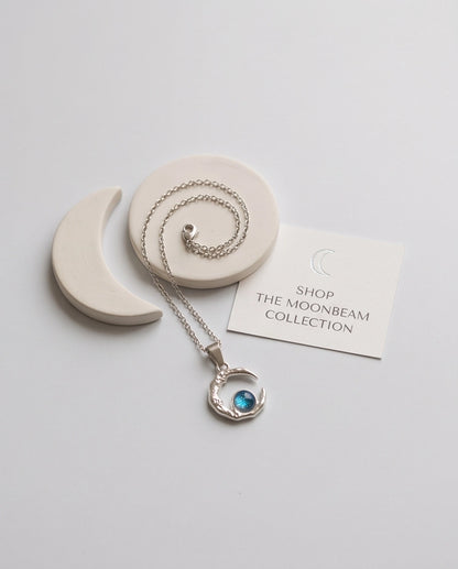 Silver Hammered Crescent Moon Blue Opal Orb Pendant Necklace