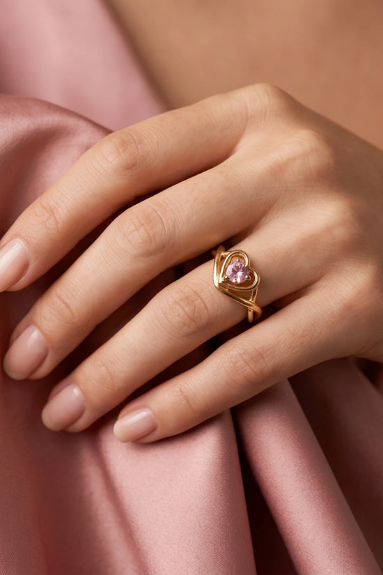 Gold Pink Tourmaline Heart Openwork Ring