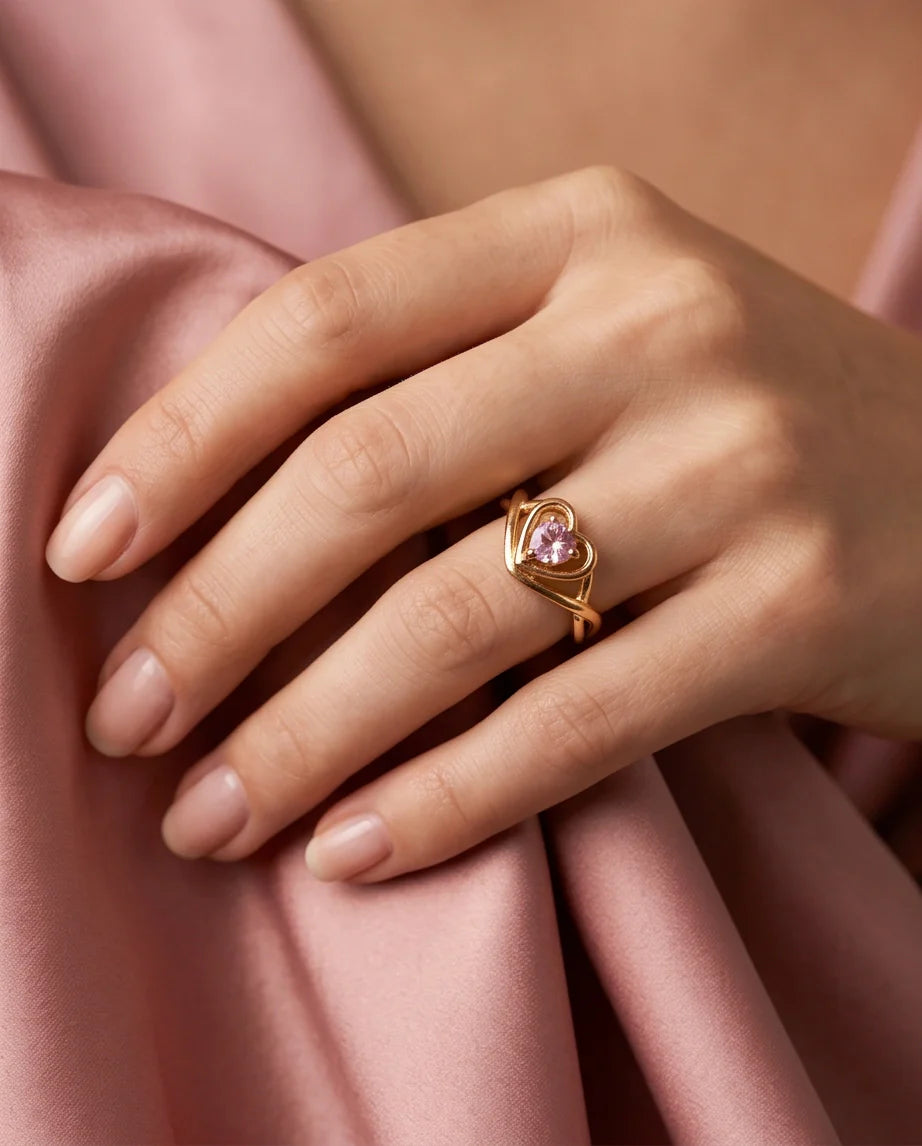 Gold Pink Tourmaline Heart Openwork Ring