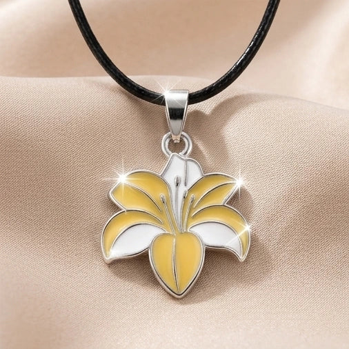 Elegant Pastel Yellow and White Lily Enamel Pendant Necklace