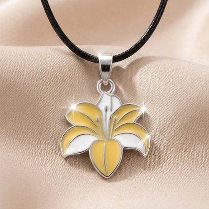 Elegant Pastel Yellow and White Lily Enamel Pendant Necklace