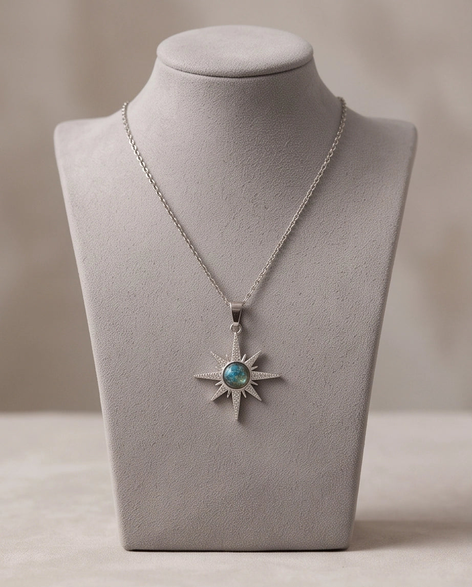 Silver Crystal Paved North Star Cosmic Orb Pendant Necklace