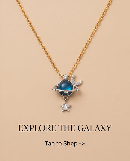 Silver Cosmic Planet Crescent Moon & Star Dangle Pendant Necklace