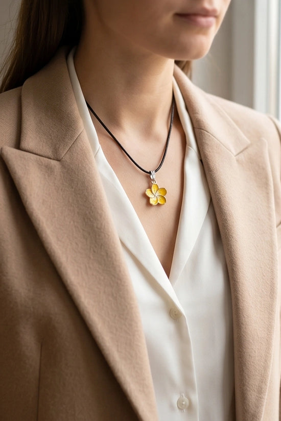 Mellow Yellow Cherry Blossom Enamel Pendant Necklace