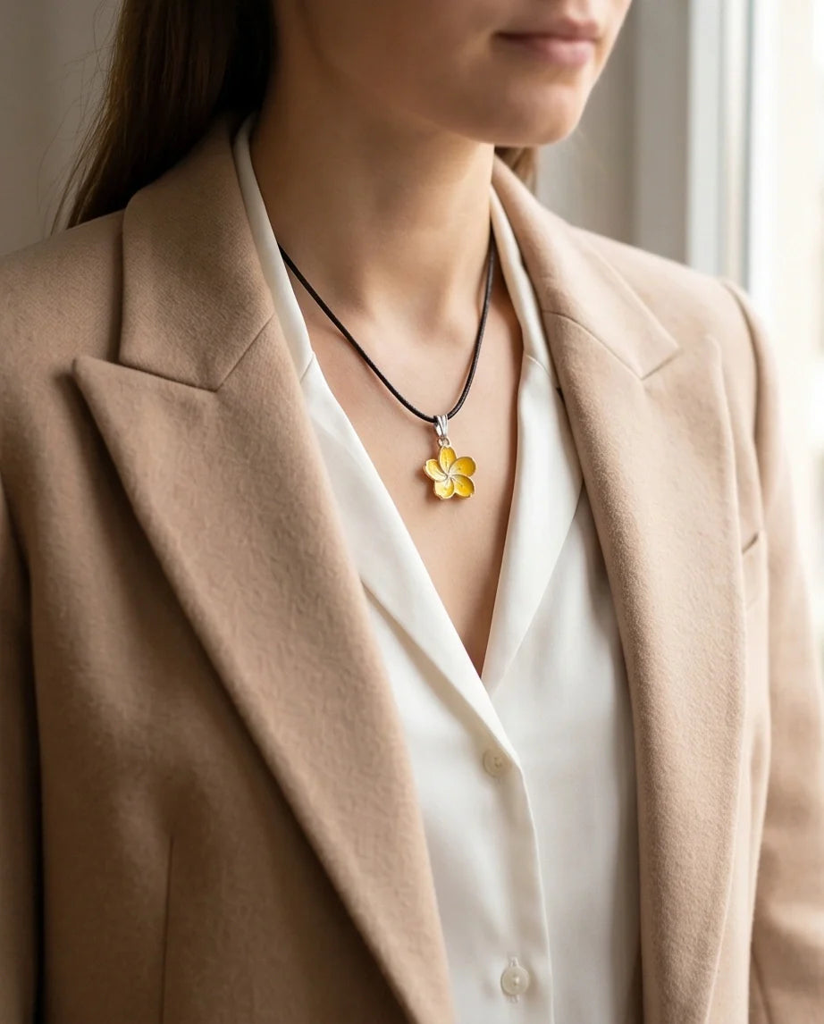 Mellow Yellow Cherry Blossom Enamel Pendant Necklace