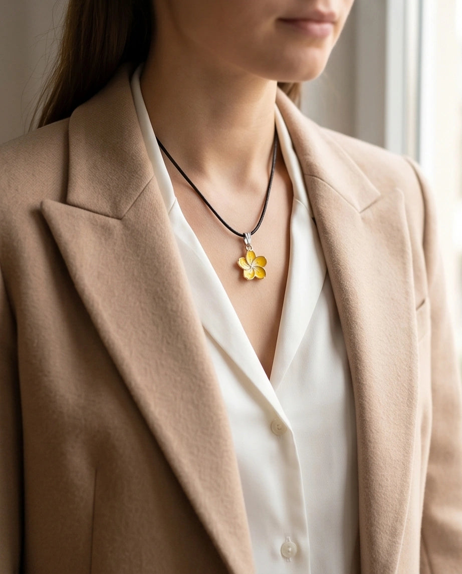 Mellow Yellow Cherry Blossom Enamel Pendant Necklace