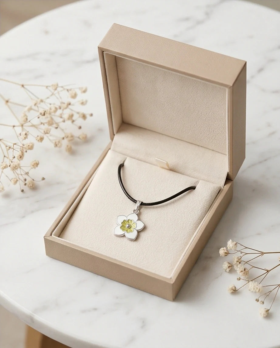 Charming White and Yellow Floral Enamel Pendant Necklace