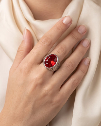 Ruby Gemstone Beaded Surround Vertical Ribbed Silver Ring