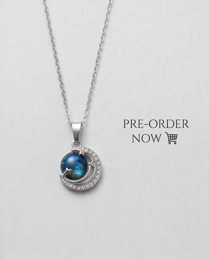 Silver Crystal Crescent Moon Cosmic Galaxy Orb Pendant Necklace