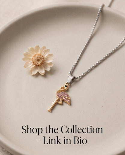 Gold Pink Crystal Paved Flamingo Pendant Necklace